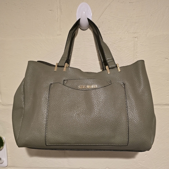 Steve Madden Pebbled Olive Two Handle, Purse Handbag With Two Outside Pockets. - Picture 1 of 16